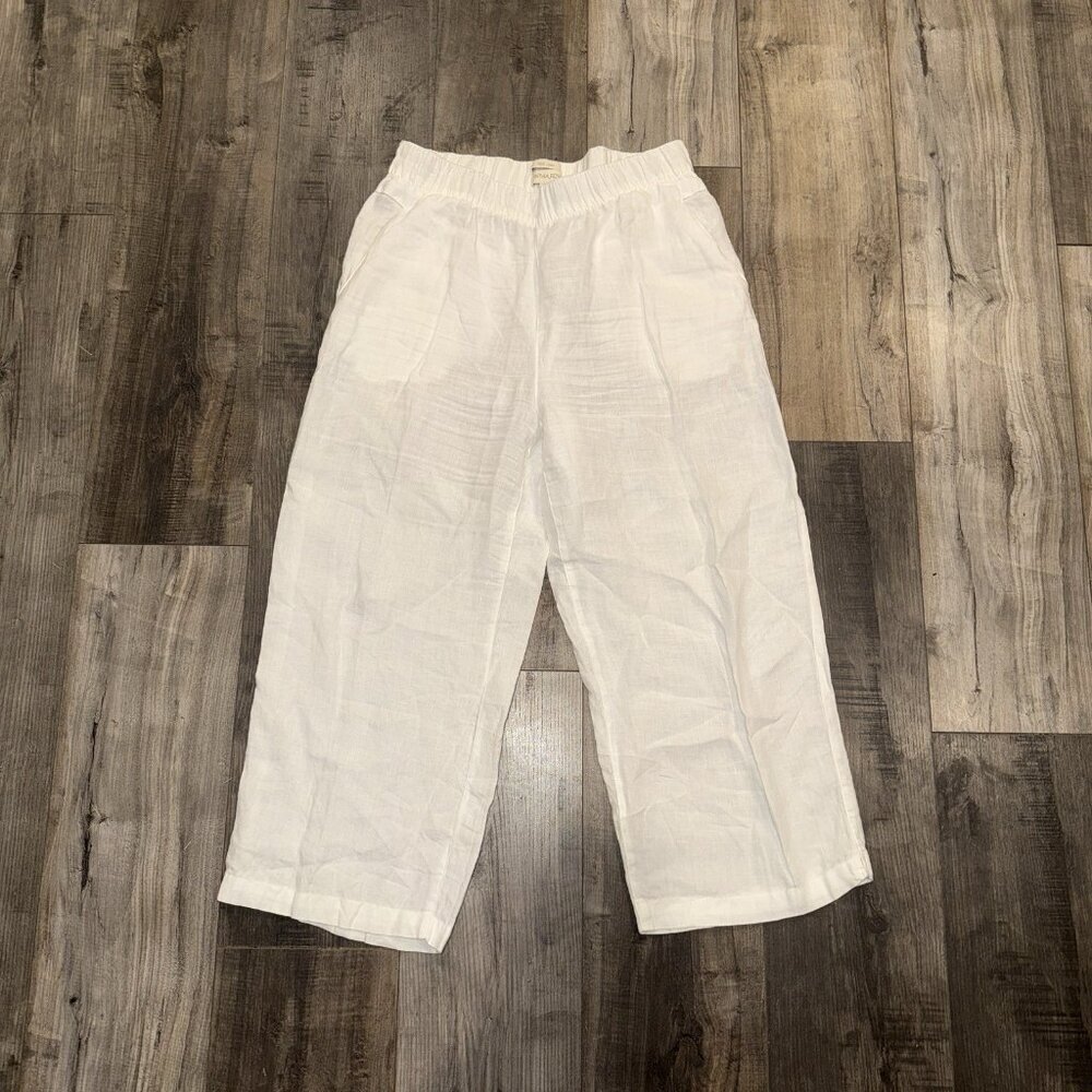 Cynthia Rowley 100% Linen Pants Wide Leg White Elastic Waist Pull On Crop Size L